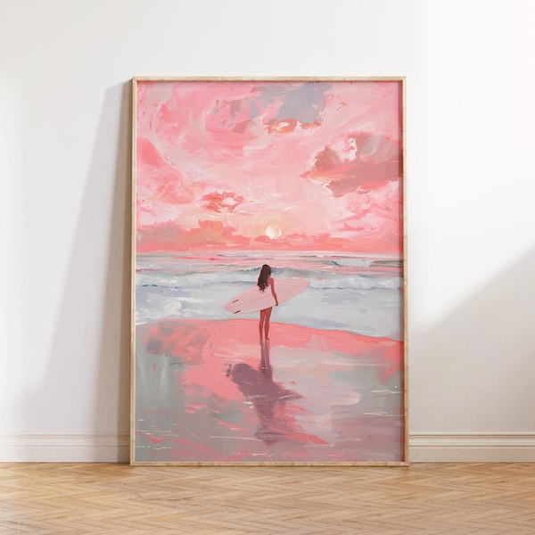 Arte da parete ragazza surfista, poster da surf costiero rosa, stampa artistica sull'oceano, regalo surfista, stampa estiva carina, parete della galleria sulla spiaggia, arte da parete della spiaggia per ragazze
