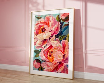 May include: A framed print of a floral painting featuring pink peonies with a blue and green background.