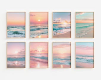 May include: Eight framed art prints featuring serene beach scenes at sunset. The artwork showcases a gradient of colors, including pink, orange, and blue, with the sun reflecting on the water. The prints are displayed against a white background.