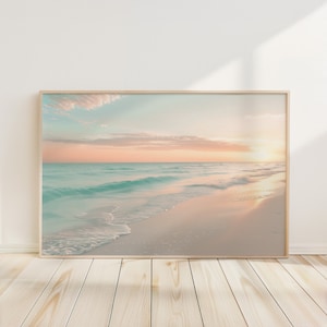 Suave y cálido pastel horizontal atardecer océano playa impresión arte de la pared, cartel de la playa boho, impresión del mar de la playa pastel, impresiones del atardecer del océano pastel