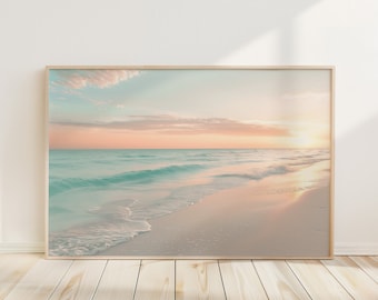 Soft Warm Pastel Horizontal Sunset Ocean Beach Print Wall Art, Boho Beach Poster, Pastel Beach Sea Print, Pastel Ocean Sunset Prints