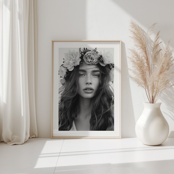 Beautiful Boho Woman Portrait, Nature Poster, Mother Earth, Gaia Nature Goddess Wall Art, Hippie Girl, Nature Lover, Black and White Poster