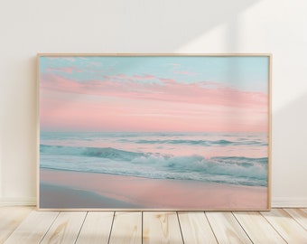 Pink and Blue Pastel Horizontal Sunset Ocean Beach Print Wall Art, Boho Beach Poster, Pastel Beach Sea Print, Pastel Ocean Sunset Prints