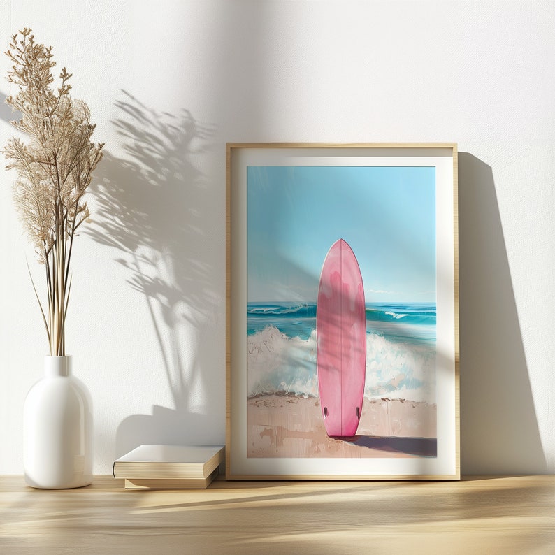 Pink Surfboard Wall Art. Pastel Beach, Waves, Tropical Palms