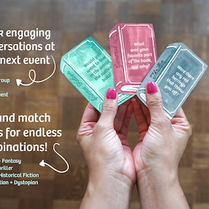 May include: A person holding three book-shaped cards with questions for book clubs and literary events. The cards are labeled "Science Fiction", "General", and "Thriller". The image also includes text about sparking conversations and mixing and matching cards.
