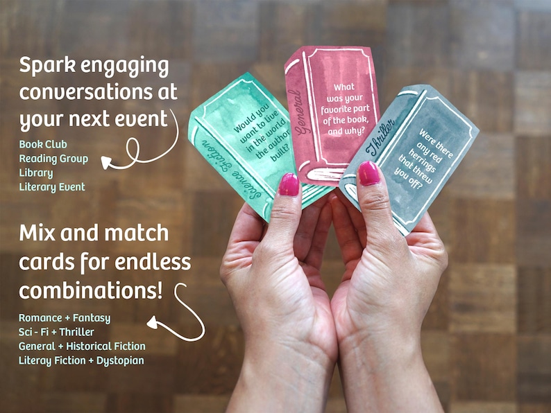 May include: A person holding three book-shaped cards with questions for book clubs and literary events. The cards are labeled "Science Fiction", "General", and "Thriller". The image also includes text about sparking conversations and mixing and matching cards.