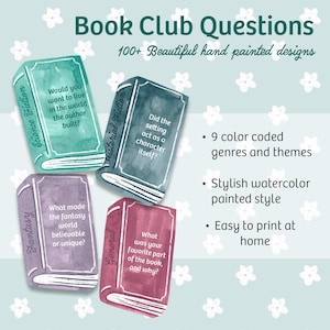 May include: Image features four watercolor-style book illustrations with questions for book clubs. The books are labeled "Science Fiction", "Historical Fiction", "Fantasy", and "General". Text includes "Book Club Questions" and "100+ Beautiful hand painted designs".