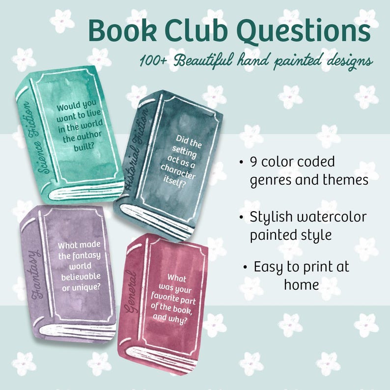 May include: Image features four watercolor-style book illustrations with questions for book clubs. The books are labeled "Science Fiction", "Historical Fiction", "Fantasy", and "General". Text includes "Book Club Questions" and "100+ Beautiful hand painted designs".