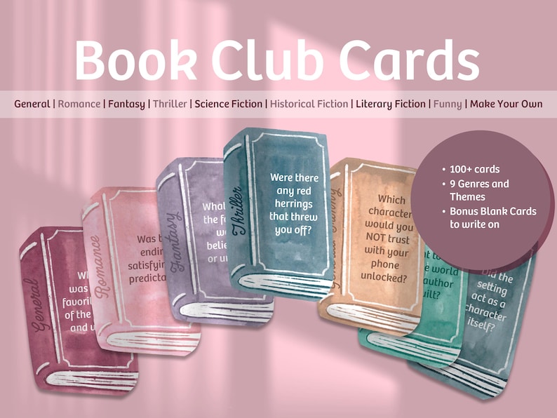May include: Book Club Cards with a watercolor design. The cards are shaped like books and feature prompts for discussion. The image includes cards for genres like Romance, Fantasy, and Thriller. The cards include over 100 cards, 9 genres, and bonus blank cards.