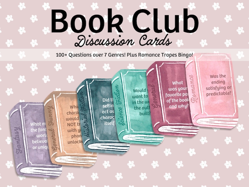 May include: Book Club Discussion Cards with questions over 7 genres. The image shows a stack of colorful book-shaped cards with questions like "What was your favorite part of the book?" and "Was the ending satisfying?"