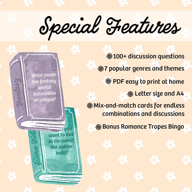 May include: An image with the words "Special Features" at the top. Two watercolor-style books are shown, one purple and one teal. The purple book says "Fantasy" and the teal book says "Science Fiction". Text lists features like discussion questions and printable PDF.