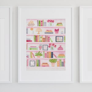 Art Print Bookshelf Cute Bookcase Wall Art for Book Lovers Art Print Watercolor Bookshelf Girly Original Painting