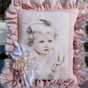 Shabby Chic Cottage Pillow Baby Girl Child Bunny Rabbit Handmade Easter