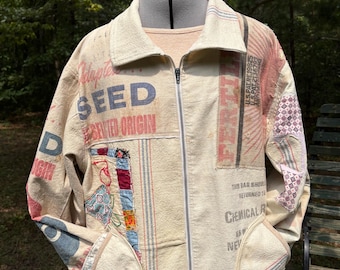 Grain Sack Feedsack Jacket Coat BEMIS Vintage Quilt Sz medium/Lg…Handmade OOAK