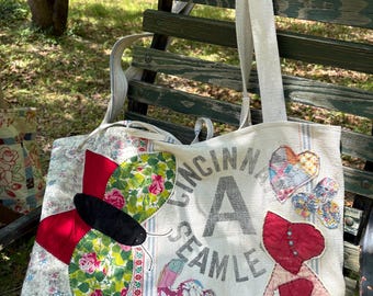Cincinnati Feedsack Market Tote Butterfly LOVE  Sue Bonnet Vintage Quilt Boho Bag – Handmade OOAK