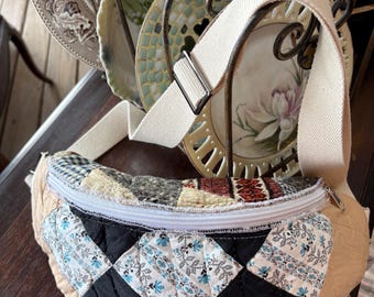 Vintage Quilt Belt Bag Fanny Pack, Crossbody Adjustable Strap, Handmade OOAK Bag