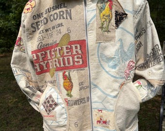Handmade Grainsack Chore Coat Jacket with Vintage Rose Patch, Boho Style