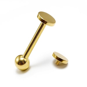 14K Gold Tongue Barbell: Internally Threaded Cylinder Top, 16G/14G