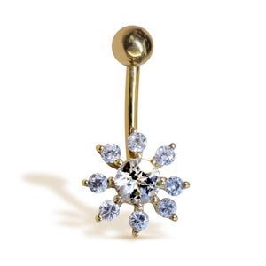 Solid Gold 14K Belly Button Rings - 14K Gold Flower Shape Belly Ring, Belly Bar, Navel Jewellery - Hand Made Body Jewellery Piercings