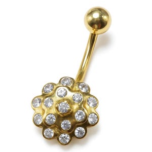 14K Gold Belly Button Ring Flower Studded with Crystal Belly Ring, Navel Jewellery - Hand Made Body Jewellery Piercings