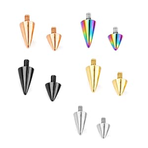 Könnte beinhalten: Eine Sammlung von Körperschmuck-Ohrsteckern in verschiedenen Farben, darunter Roségold, Schwarz, Gold, Silber und Regenbogen. Jeder Ohrstecker hat eine konische Form mit einem Gewindeschaft für sicheren Halt. Die Ohrstecker werden vor weißem Hintergrund präsentiert.