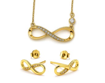 Sterling Silber Unendlich Ohrringe und Anhänger Set: CZ Kristall, Minimalistischer Schmuck