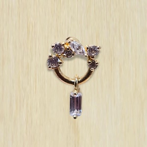14K Gold Dangle Lock Charm Labret Piercing, Dangling Gem Nose Ring- 14K Gold Tragus, Conch, Helix Piercing - Internally Thread Body Jewelry
