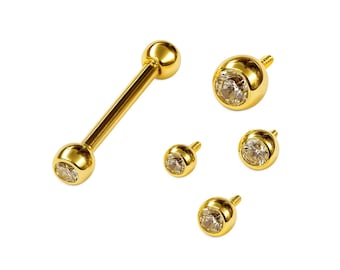14K Gold Barbell Piercing: 16G Gem Crystal Cartilage Bar