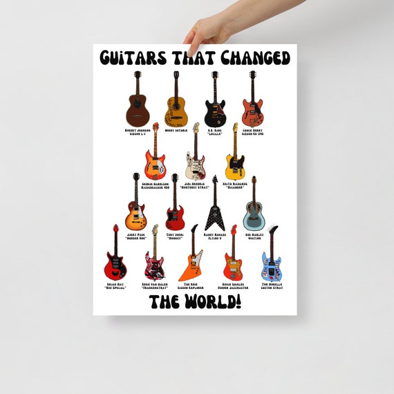 アート・デザイン・音楽 2010 Rock Charts Guitar Deluxe Edition Black guitar print on red orange background – Deborah Shapiro Art