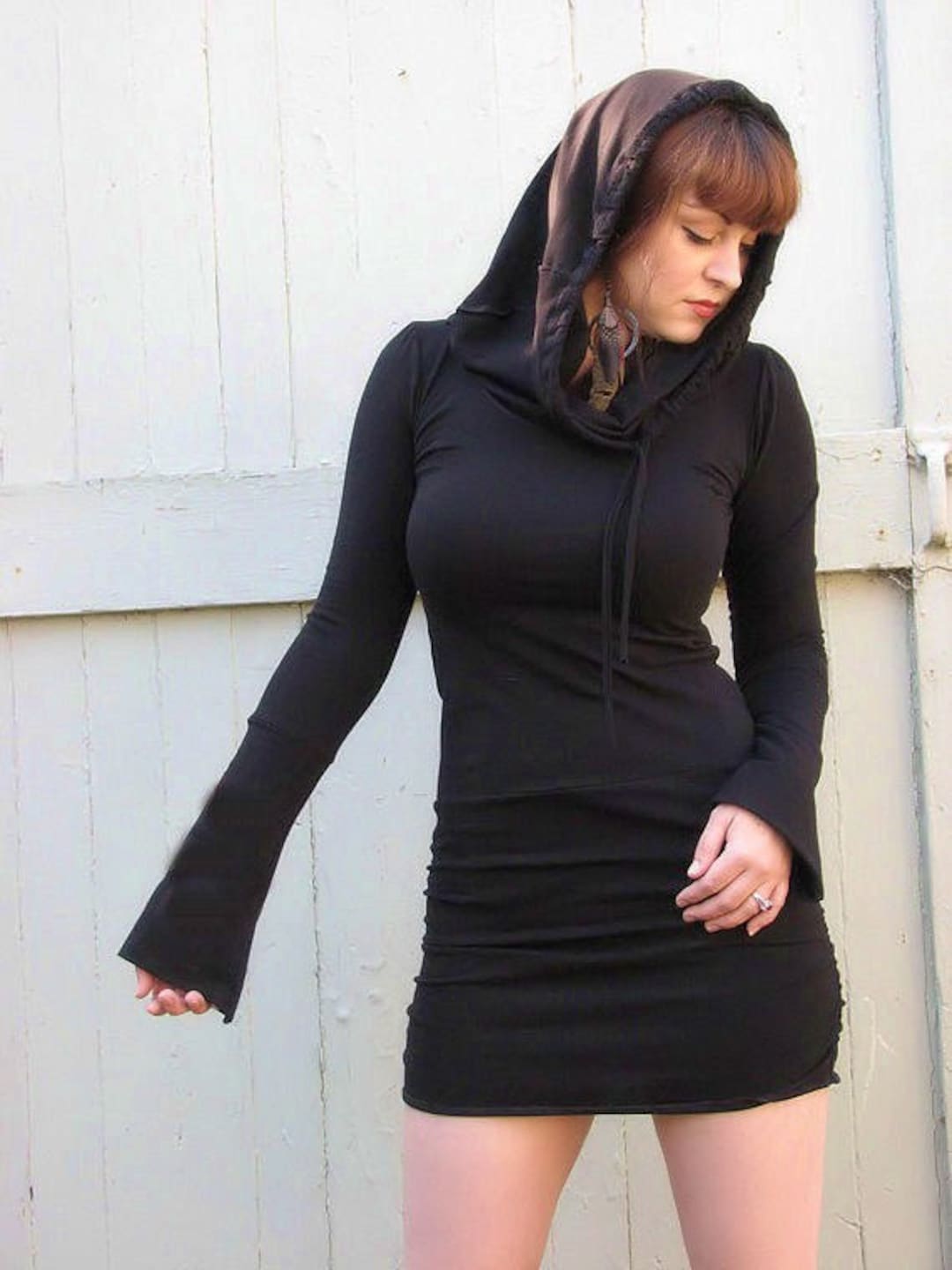 Black Long Sleeve Hooded Dress, Hood Dress Fashion Clothing