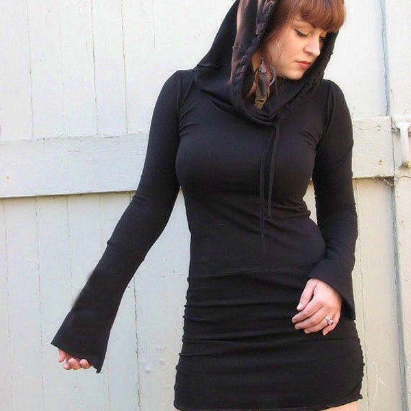 Hooded Black Dress with extra long sleeves, mini dress with long sleeves and hood, organic, custom fit, hemp clothing