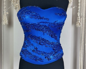 Saks Blue Elegant Corset, Sequined Embroidered Saks Blue Strapless Corset Top, Beaded Embroidered Handmade Corset Top