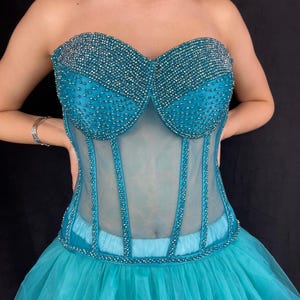 Women Costume with Turquoise Beaded Top | Party Wear, Festival Clothing |Rhinestones Embroidery Crop Top