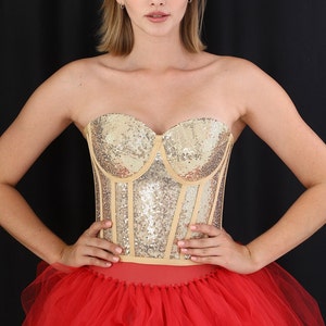 Bustier à sequins dorés, corset scintillant pour mariage et fête, haut court élégant à sequins dorés pour lingerie de mariée ou festivals