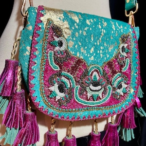 Boho Leather Bag | Turquoise and Pink Crossbody Hippie Bag | Perfect Choice for Burning Man and Festivals