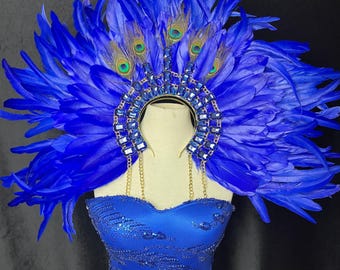 Karneval Blauer Feder Kopfschmuck mit funkelnden Kristallen - Be the Showstopper