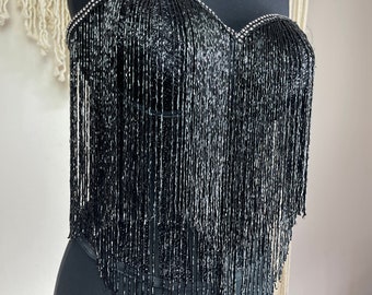 Handmade Glass Beaded Tassel Corset, Black Sparkly Corset, Elegant Evening Dress, Long Tassel Evening Dress Top