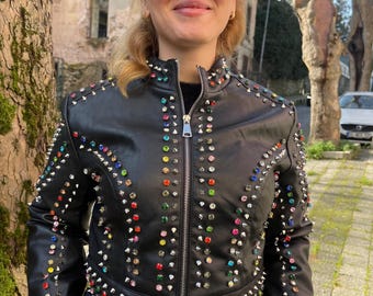 Stylish Black  Moto Jacket in Vegan Leather | Punk Rock Studded Outerwear