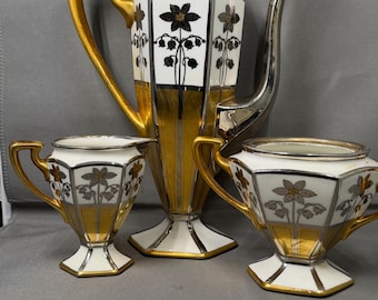 Antique B&C France Limoges Coffee Set Cream and Sugar hand painted porcelain Art Deco Style