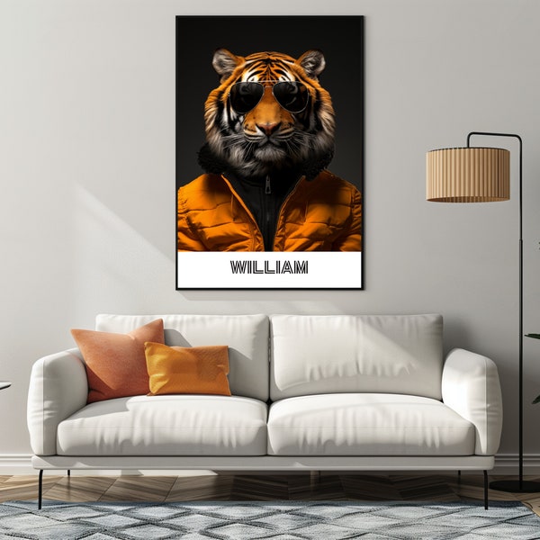 Tiger portrait, wall art, animal art, wall decor, art prints, funny animals, female tiger, custom portrait, jungle theme, your name here