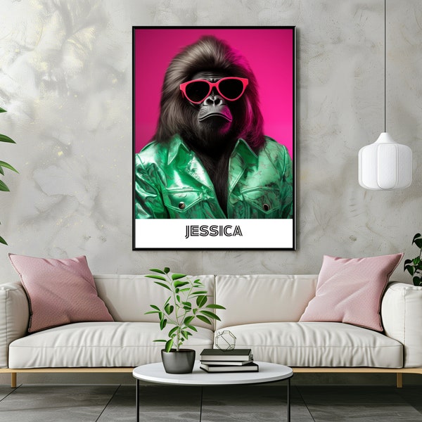 Gorilla portrait, wall art, animal art, wall decor, art prints, funny animals, female gorilla, custom portrait, jungle theme, your name here