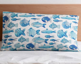 Personalized Fish Satin Pillowcase, Watercolor Ocean Animal Pillowcase, Coastal Bedroom Decor, Custom Name Pillow Cover, Sea Life Gift