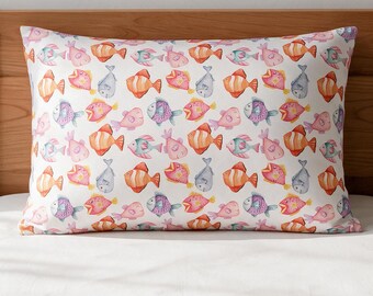 Personalized Fish Satin Pillowcase, Watercolor Ocean Animal Pillowcase, Coastal Bedroom Decor, Custom Name Pillow Cover, Sea Life Gift