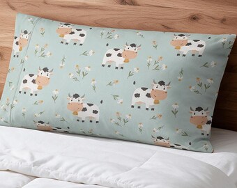 Personalized Cow Satin Pillowcase, Custom Name Pillow Cover, Farm Animal Bedding, Cow Print Bedroom Decor