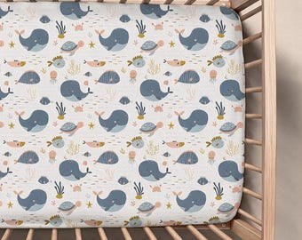 Whale Crib Sheet, Ocean Baby Bedding, Whale Nursery Decor, Under the Sea Nursery, Marine Animal Baby Bedding