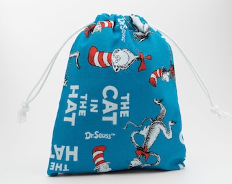 Party Bags Made With Licensed Cat in the Hat Fabric, Birthday Bag, Goodie Bag, Candy Bag, Drawstring Bag, Favor Bag, Fabric Bag, 5x7