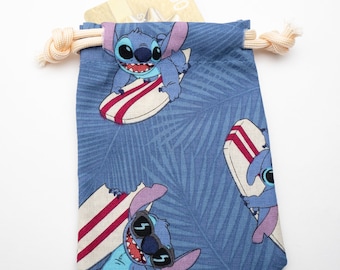 Gift Card Bag Made With Licensed Stitch Fabric, Blue Alien Favor Bags, Tropical Character Drawstring Bags, Reusable Hawaiian Party Bags, 3x4