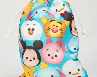 Party Bags Made With Licensed Tsum Tsum Fabric, Birthday Bag, Goodie Bag, Treat Bag, Candy Bag, Fabric Bag, Drawstring Bag, 5x7