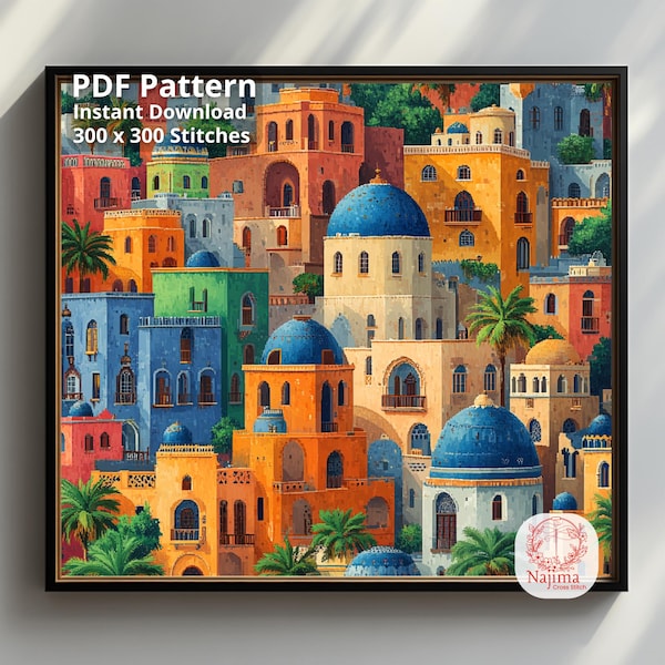 Modèle de point de croix d'architecture arabe, ville colorée du Moyen-Orient, dômes bleus (téléchargement PDF)