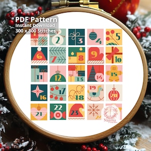 Patrón de punto de cruz para calendario de adviento navideño (PDF), 25 cuadrados navideños escandinavos modernos, muestrario de cuenta regresiva para Navidad, descarga instantánea